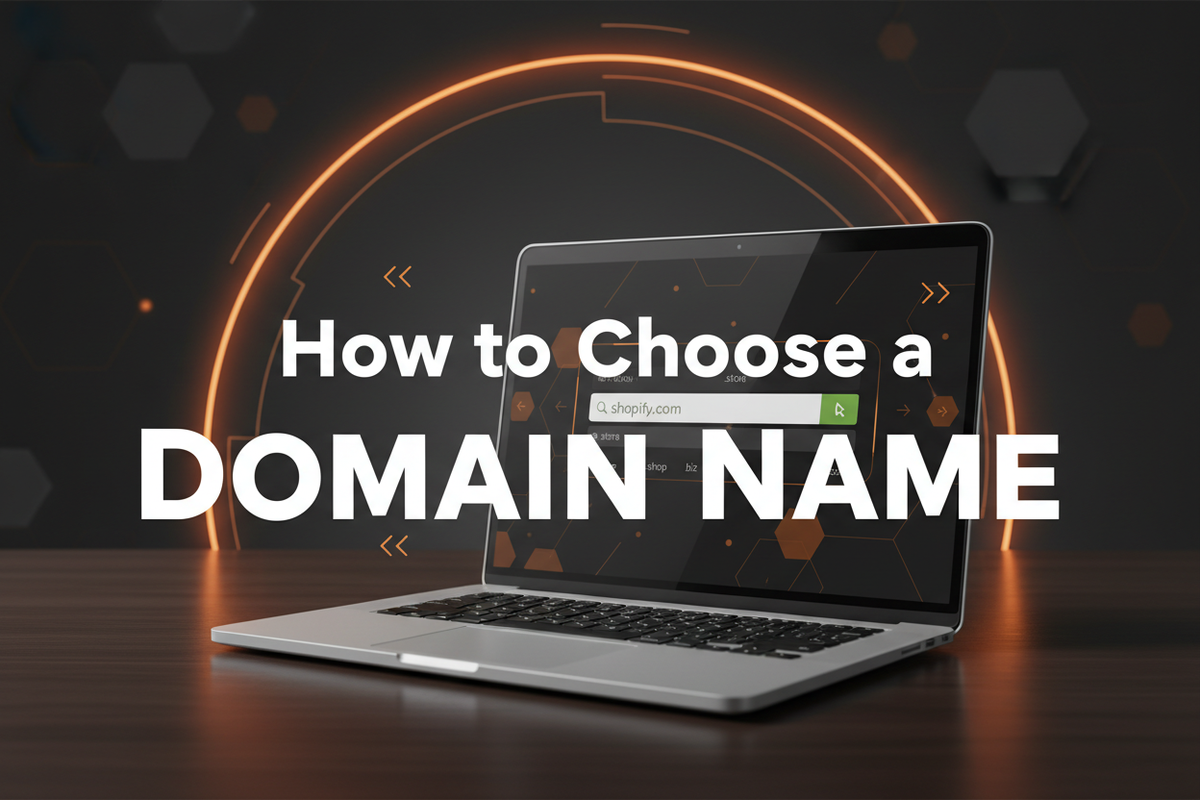 Laptop with domain name search bar for setting up a Shopify store
