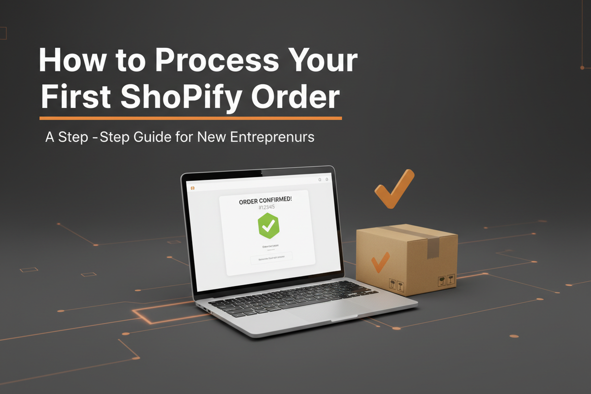Laptop showing Shopify order confirmation screen with shipping box