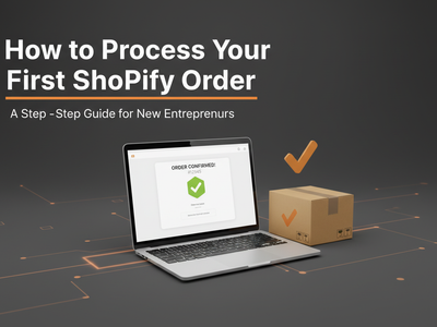 Laptop showing Shopify order confirmation screen with shipping box