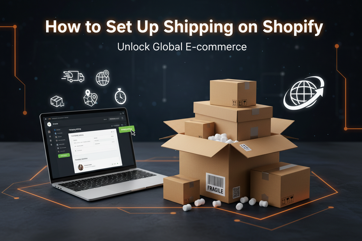 Shipping boxes and laptop showing Shopify shipping setup for beginners