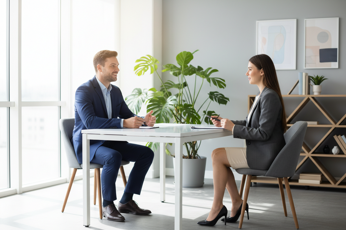 Call center job interview preparation with applicant confidently answering questions