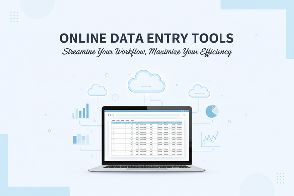Virtual assistant using online data entry tools including Airtable, Notion, and Zoho on a laptop