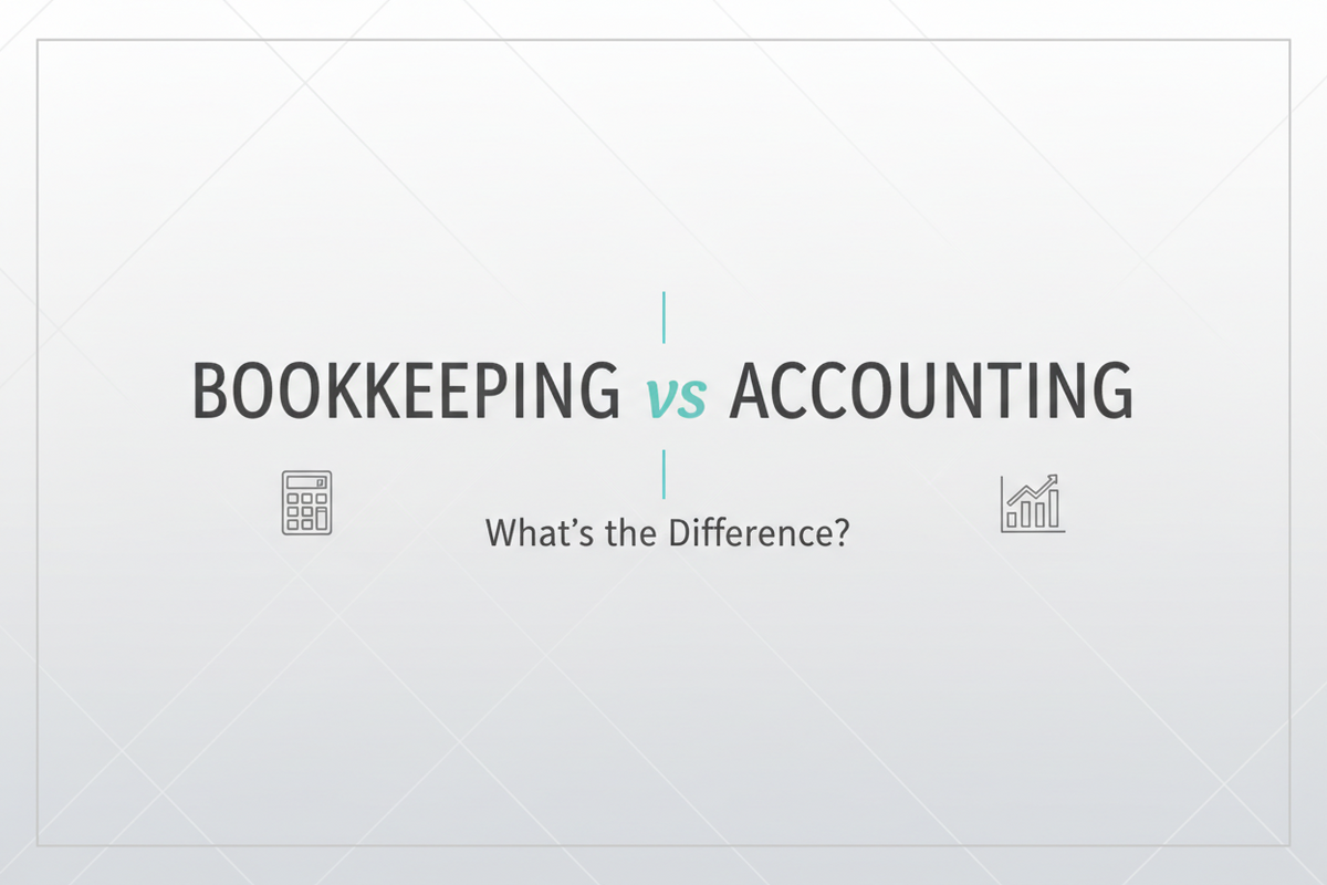 Side by side comparison of bookkeeping ledger entries and accounting financial statements showing key differences