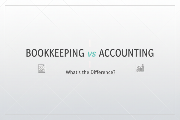 Side by side comparison of bookkeeping ledger entries and accounting financial statements showing key differences