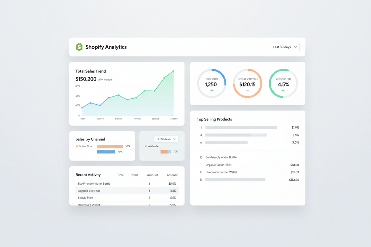 Shopify Analytics dashboard showing sales, conversion rates, traffic sources, and customer data