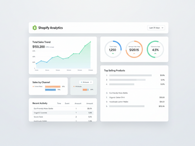 Shopify Analytics dashboard showing sales, conversion rates, traffic sources, and customer data