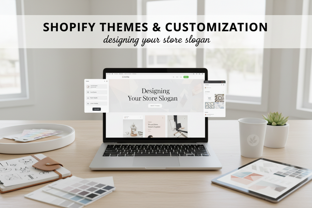 Shopify Theme Editor showing store customization with colors, fonts, and layout options
