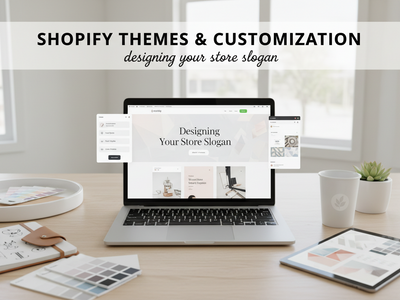 Shopify Theme Editor showing store customization with colors, fonts, and layout options