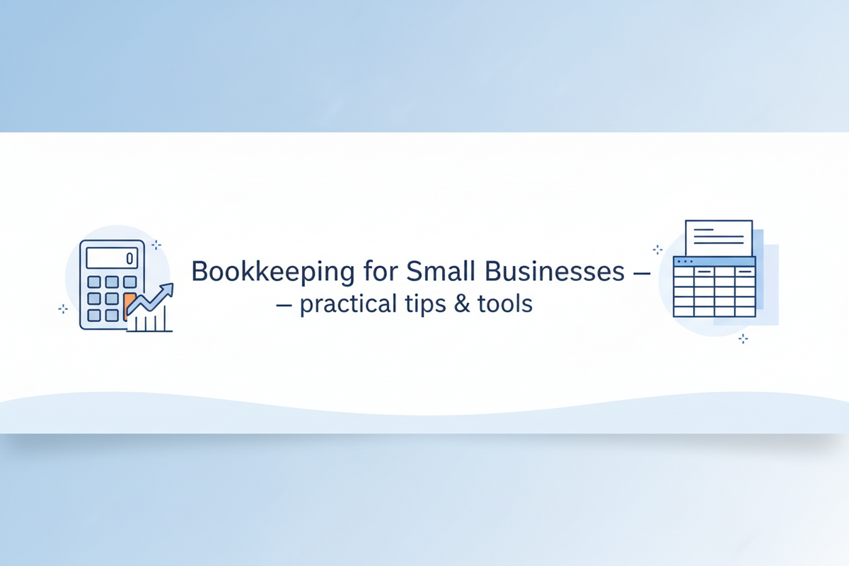 Small business owner using bookkeeping software on laptop with financial records, receipts, and accounting tools on desk
