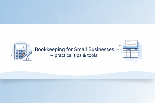 Small business owner using bookkeeping software on laptop with financial records, receipts, and accounting tools on desk
