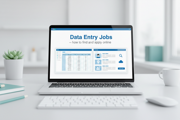 Virtual assistant searching for data entry jobs online on a laptop