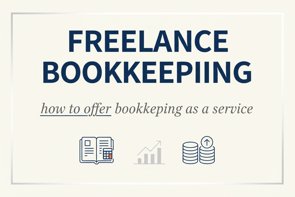 Freelance bookkeeper working on laptop with financial records, accounting software, and client invoices for remote bookkeeping service