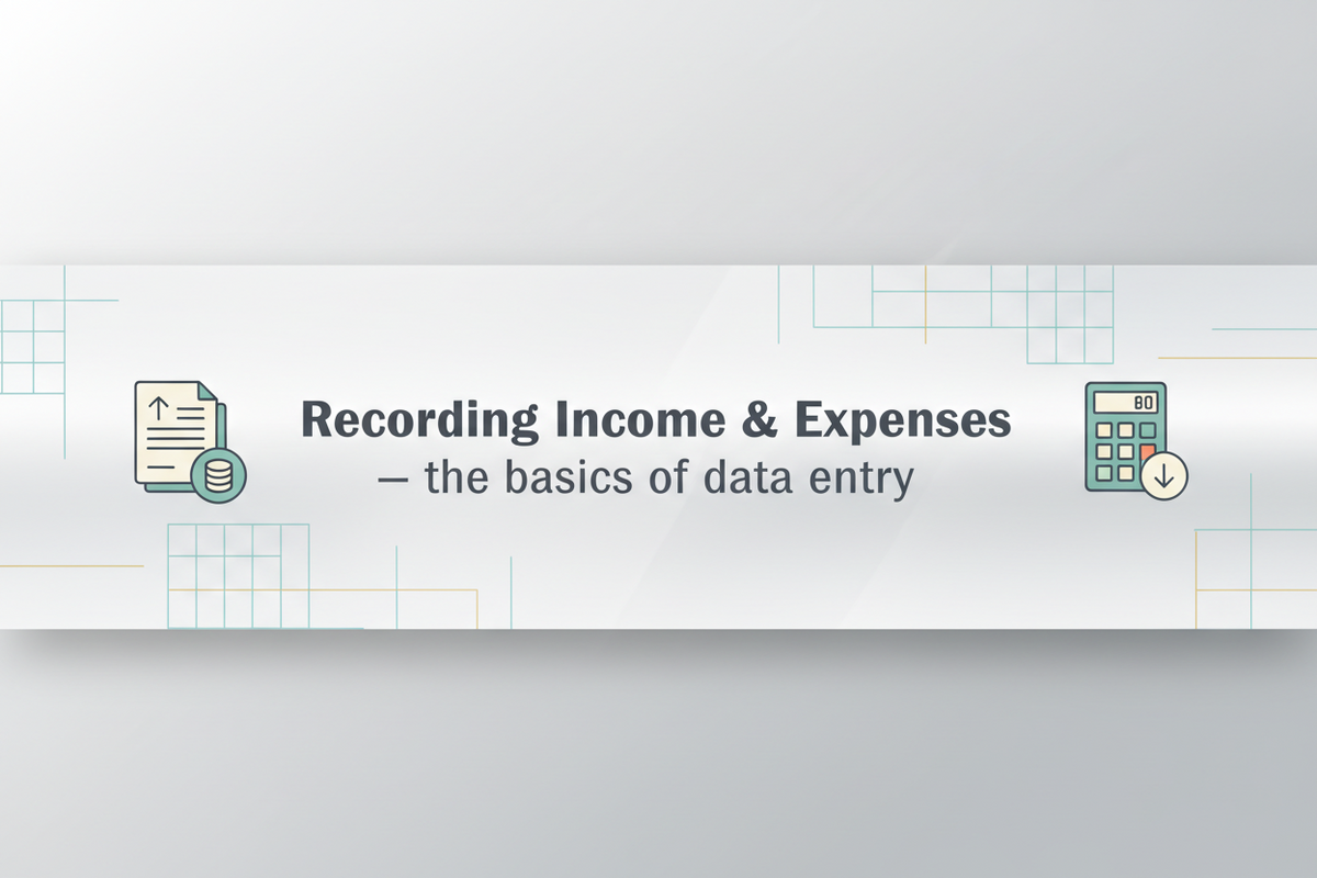 Bookkeeping data entry spreadsheet showing income and expense categories, dates, amounts, and payment methods
