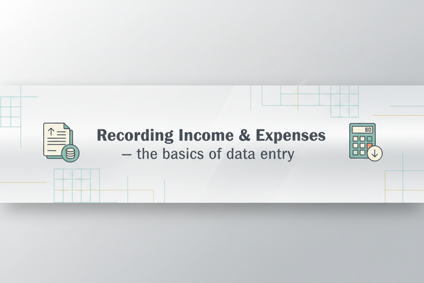Bookkeeping data entry spreadsheet showing income and expense categories, dates, amounts, and payment methods