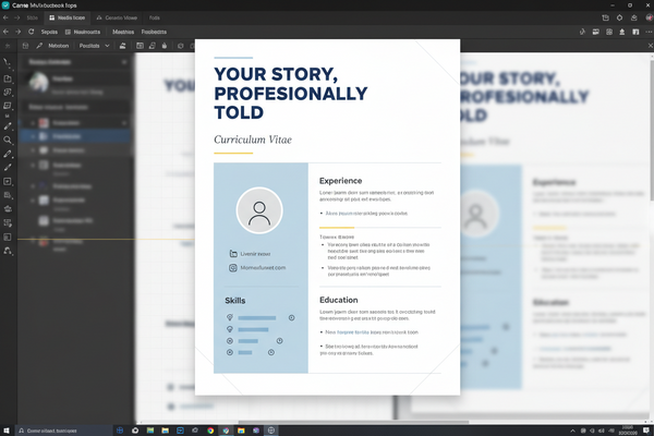 Canva resume template on laptop screen showing professional layout with sections for experience, skills, and contact information