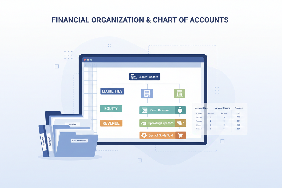 Chart of accounts spreadsheet showing assets, liabilities, equity, revenue, and expense categories for small business bookkeeping