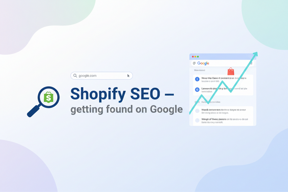 Shopify store SEO optimization showing Google search results, keywords, and analytics dashboard