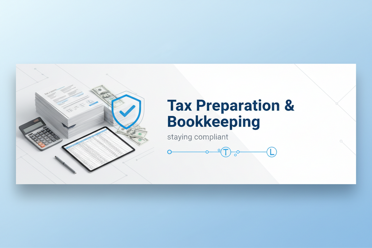 Tax preparation documents, bookkeeping records, receipts, and accounting software on desk for small business compliance