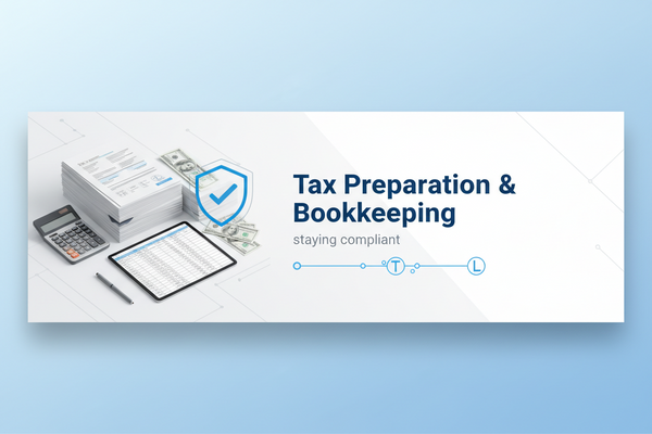 Tax preparation documents, bookkeeping records, receipts, and accounting software on desk for small business compliance