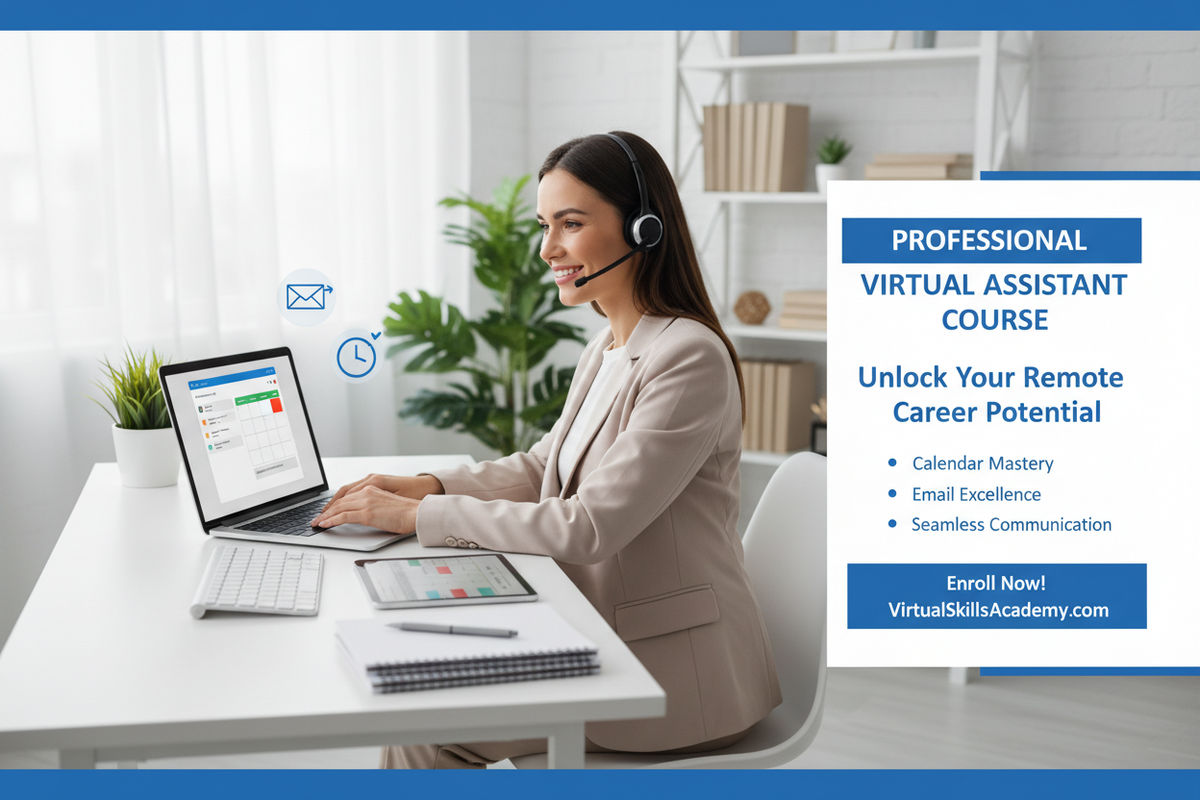 Virtual assistant working remotely on a laptop providing administrative and creative support